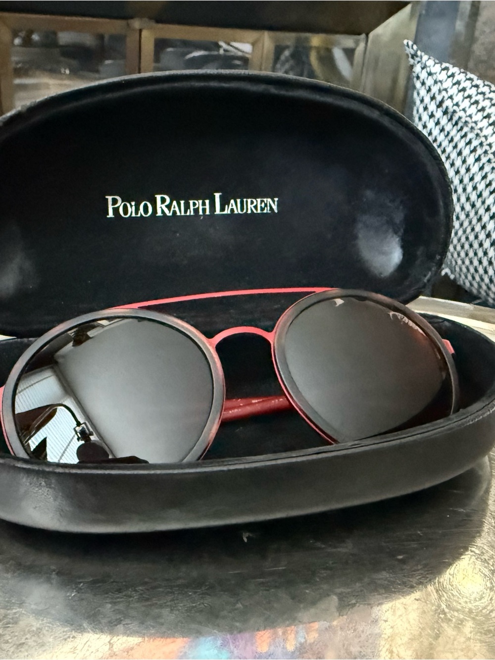 Polo Ralph Lauren Red Round Metal Sunglasses Hard Case Included.